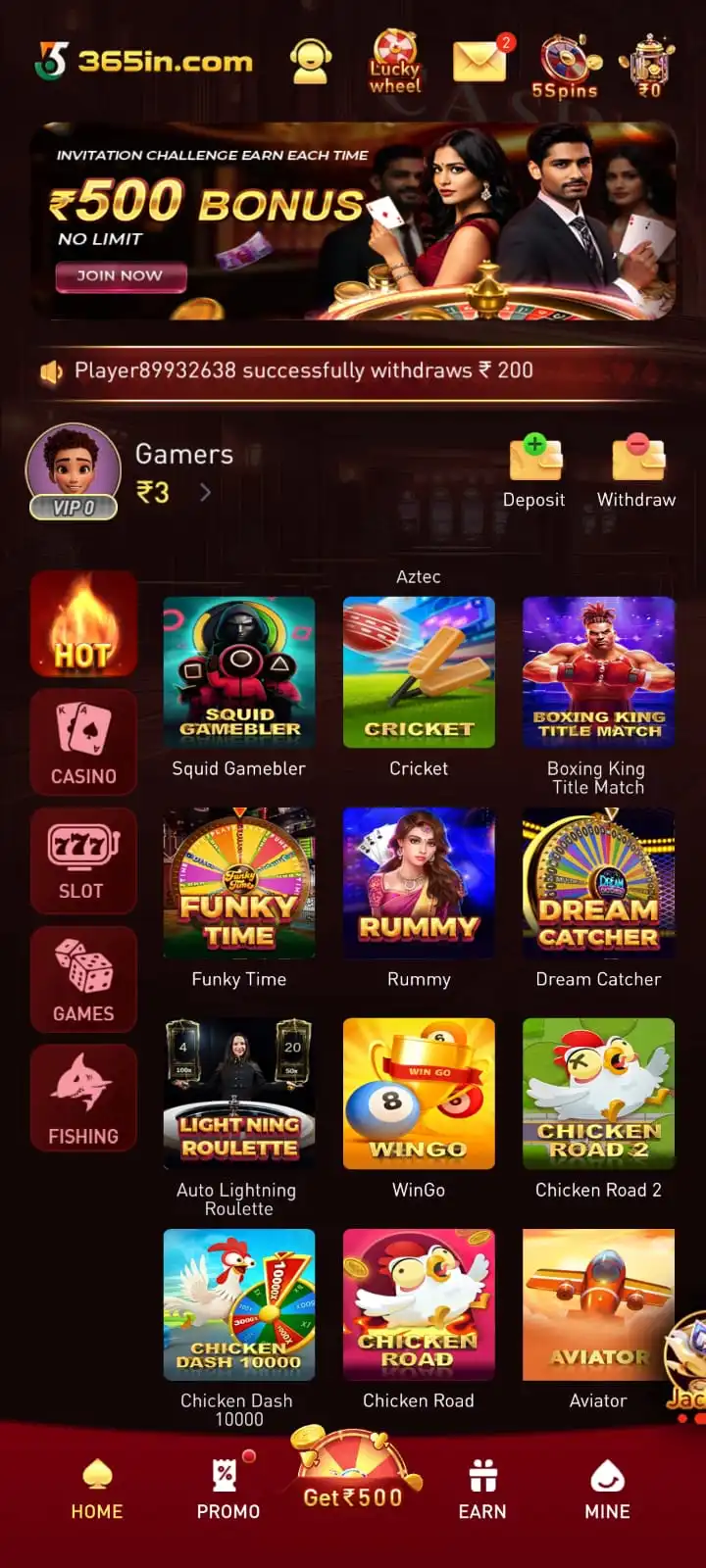 365in Game mobile screen for browsing popular online games